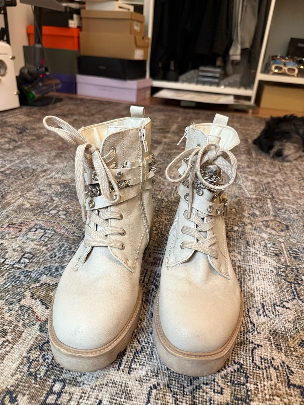 XOXO Cream Lace-Up Platform Combat Boots with Studded Straps